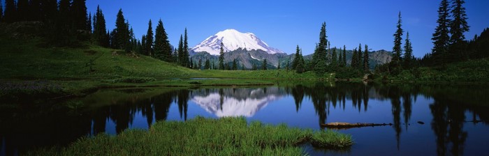 Mount Rainier reflected in a mountain lake