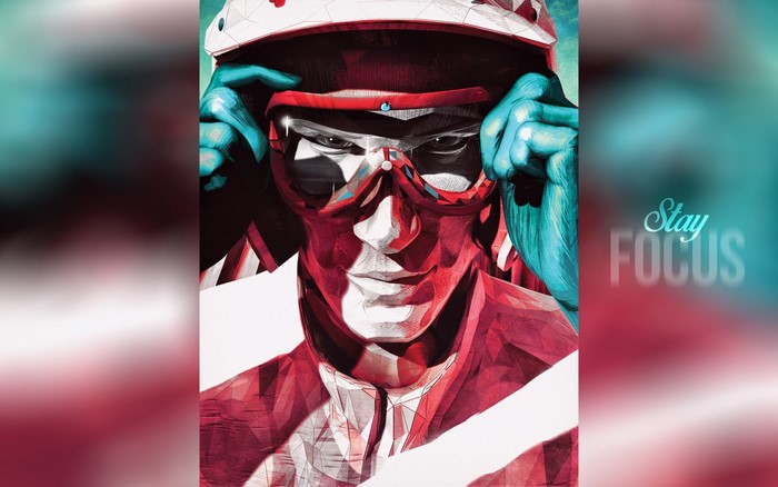 Artwork of a person adjusting racing helmet and goggles