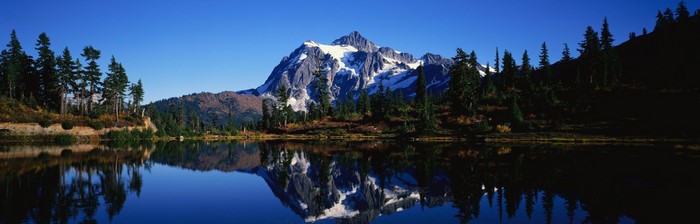 Snow-capped mountain reflected in a calm lake with pine trees