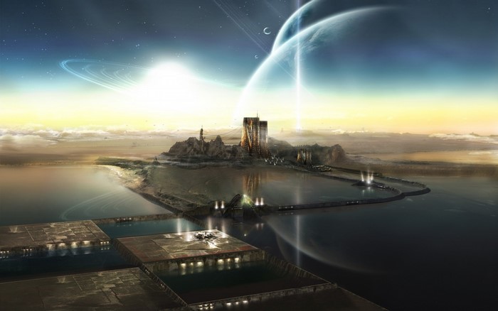Futuristic city on an alien planet with rings and planets
