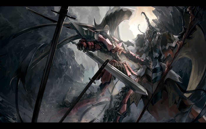 Mech with swords in a battle scene