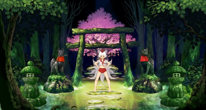 Fox girl in a shrine with cherry blossoms