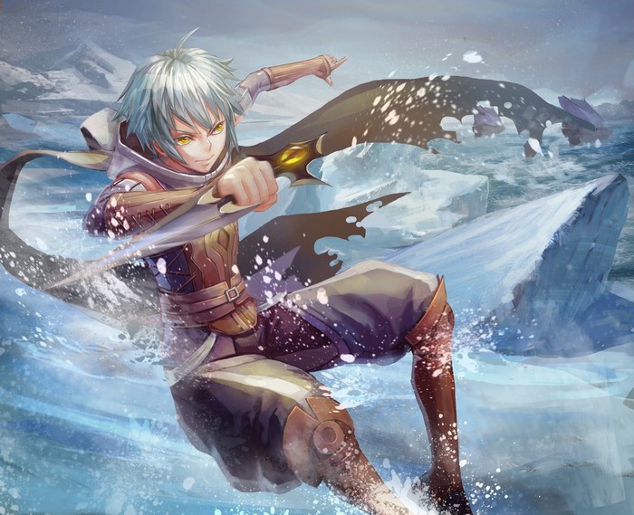 Anime character with sword in icy water