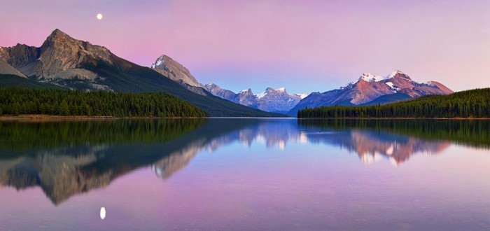 Lake Maligne with Mountains and Moon at Sunrise