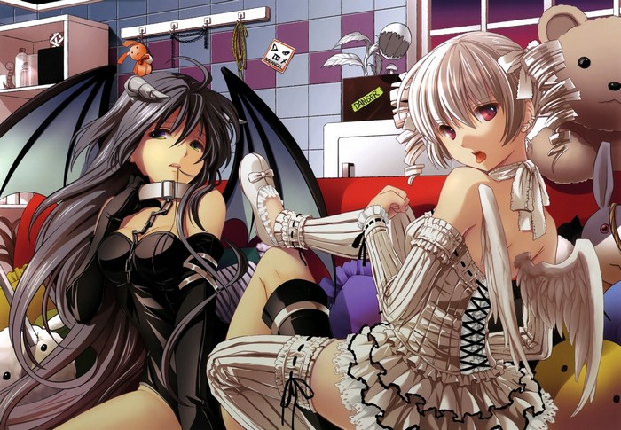 Two anime girls with wings and horns sitting on a couch