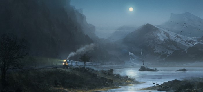 Train traveling through a misty mountain landscape at night