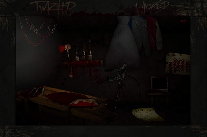 Twisted Wicked horror scene with weapons and camera