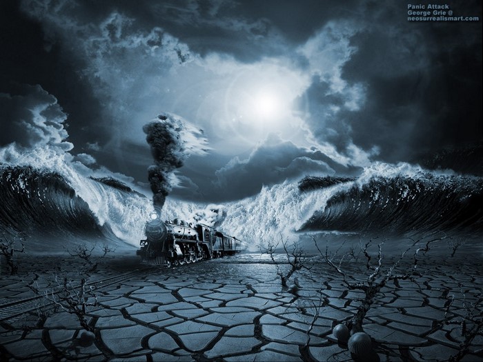 Steam locomotive on cracked earth with giant waves