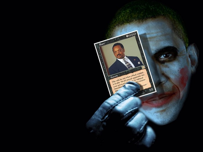Joker holding a 'Race' Magic The Gathering card