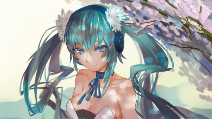Hatsune Miku from Vocaloid with Cherry Blossoms