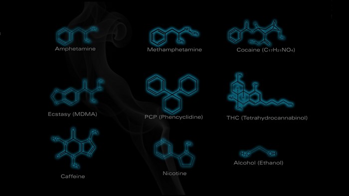 Chemical structures of various drugs and stimulants