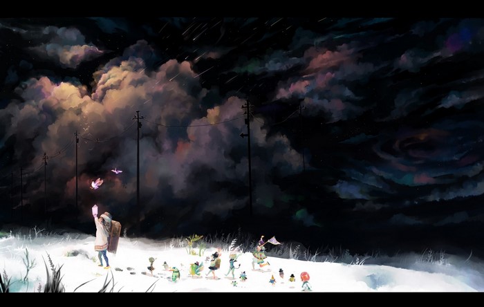 Children and pigeons in a snowy landscape under a cloudy night sky