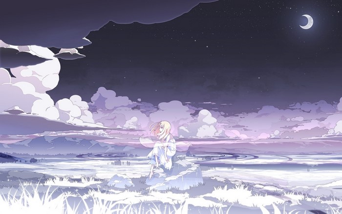 Anime girl sitting on rock under crescent moon and clouds