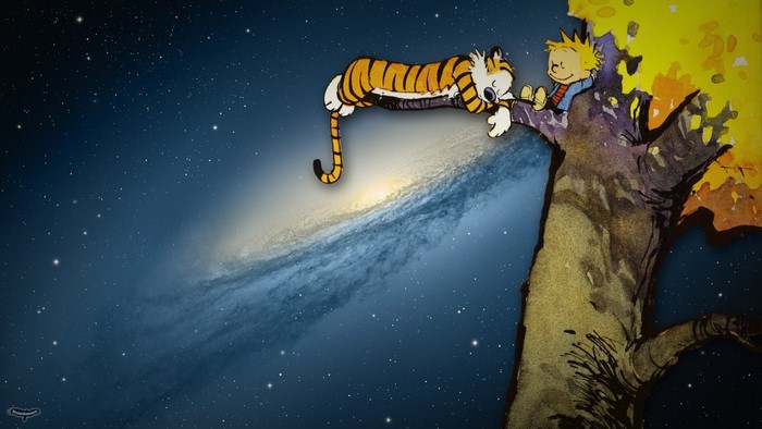 Calvin and Hobbes sleeping on a tree branch in space