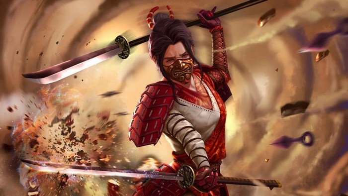 Samurai woman warrior with mask and swords