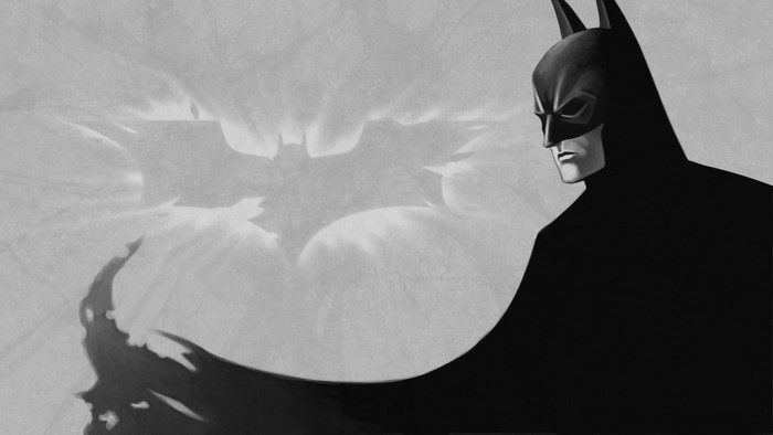 Batman illustration with Bat-Signal in background