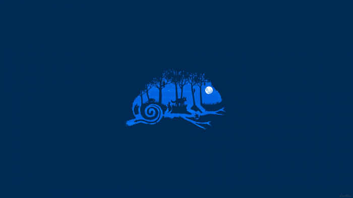 Chameleon silhouette with forest animals and moon