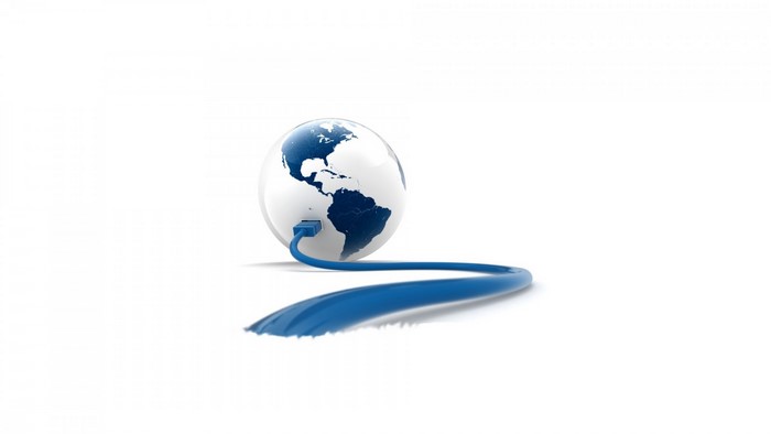 Globe connected by a blue cable on a white background