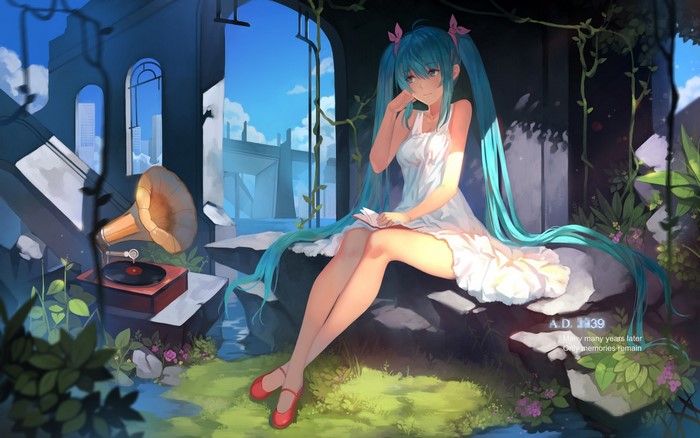Hatsune Miku in ruined environment with gramophone
