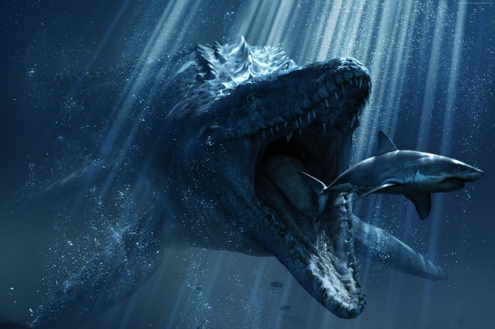 Mosasaurus eating a shark in Jurassic World