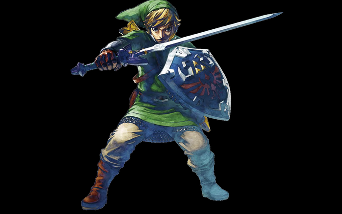 Link from The Legend of Zelda holding Master Sword and Hylian Shield