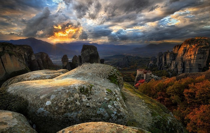 Meteora Greece Monastery at Sunset with Dramatic Clouds