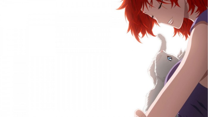 Anime girl with red hair holding a white cat