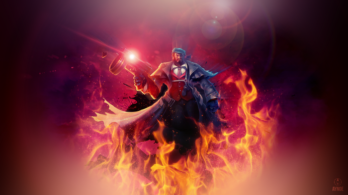 League of Legends character with gun surrounded by fire