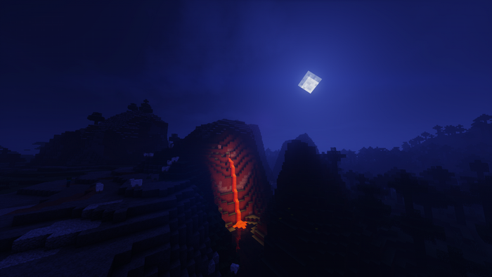 Minecraft landscape with lava flow under moonlight