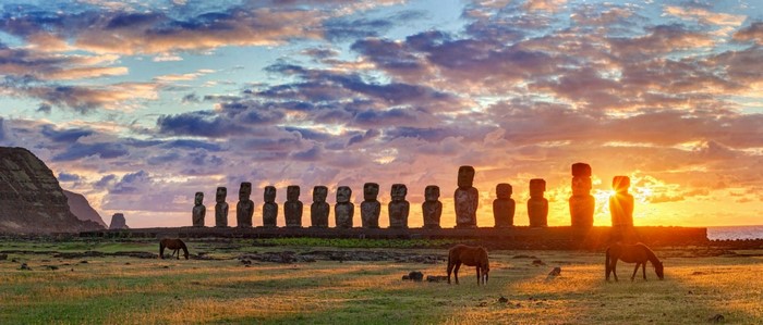 Moai statues at sunset on Easter Island with horses