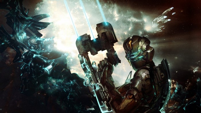 Isaac Clarke from Dead Space fighting an alien creature