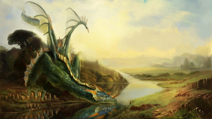 Green dragon drinking from a river in a fantasy landscape