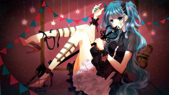 Hatsune Miku from Vocaloid sitting with a mask
