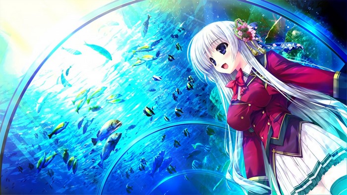 Anime girl in uniform at aquarium with fish