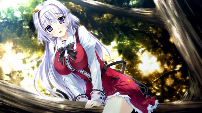 Anime girl with long purple hair in a red outfit