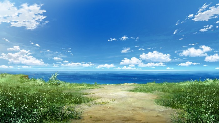 A grassy hill overlooking the ocean under a cloudy sky