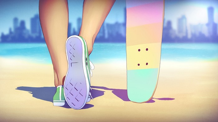 Person with skateboard on a beach with city skyline