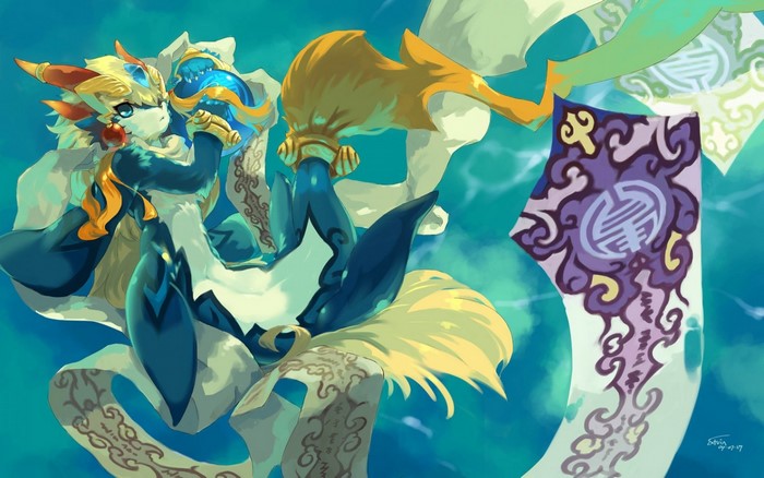 Furry character with blue and gold armor and flowing ribbons