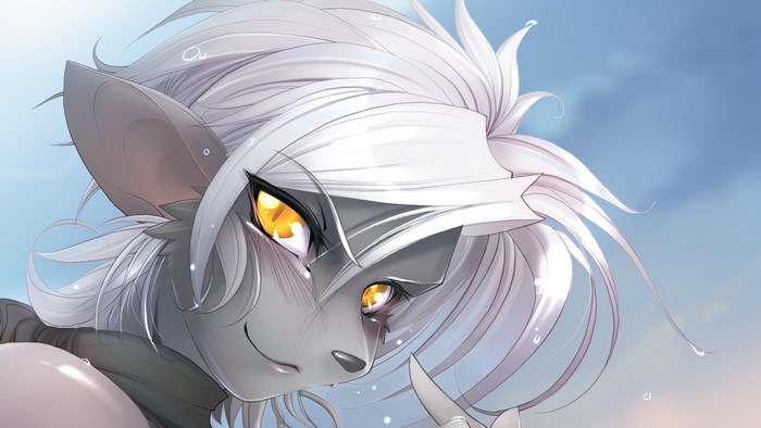 Furry character with white hair and yellow eyes