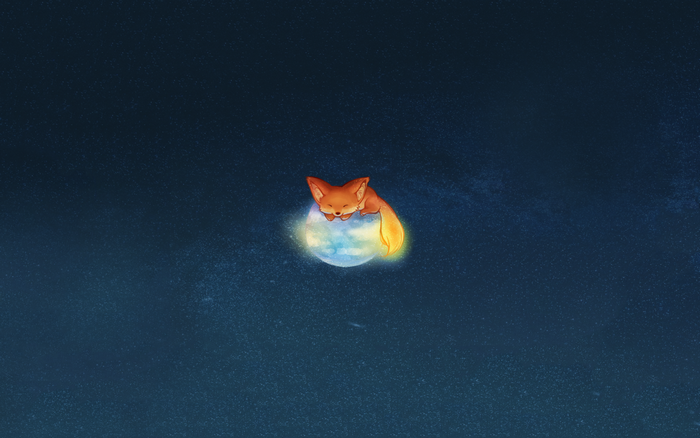 A fox sleeps on a glowing moon in outer space