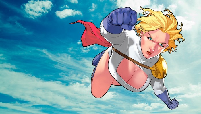 Power Girl flying in the sky