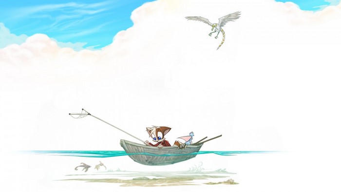 Furry character fishing from a boat with a bird flying above