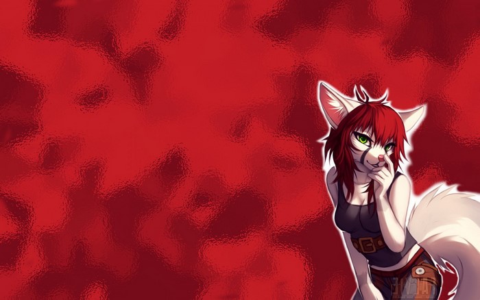 Red furry character with green eyes