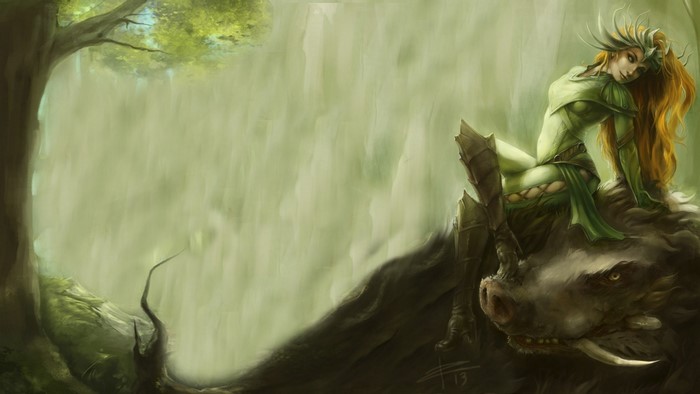 Artemis from Smite riding a boar in a forest