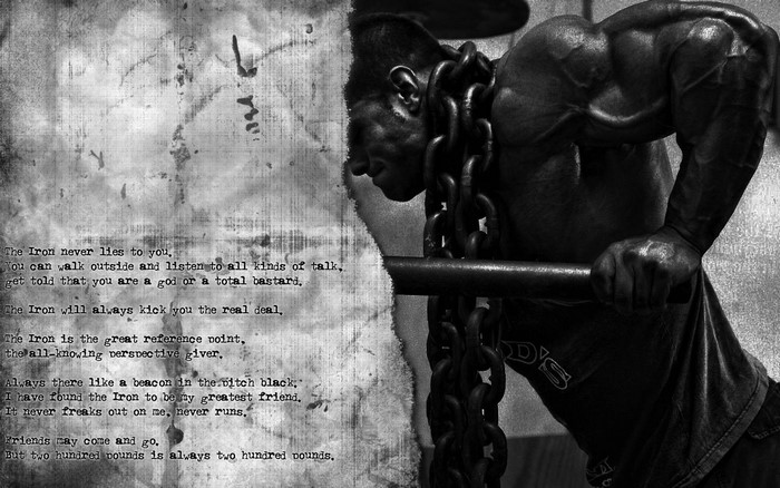 Bodybuilder with chains and motivational quote