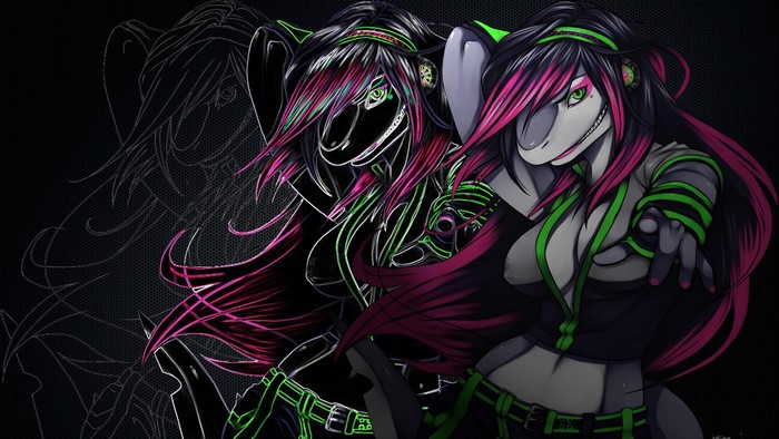 Furry shark girl with pink and green hair