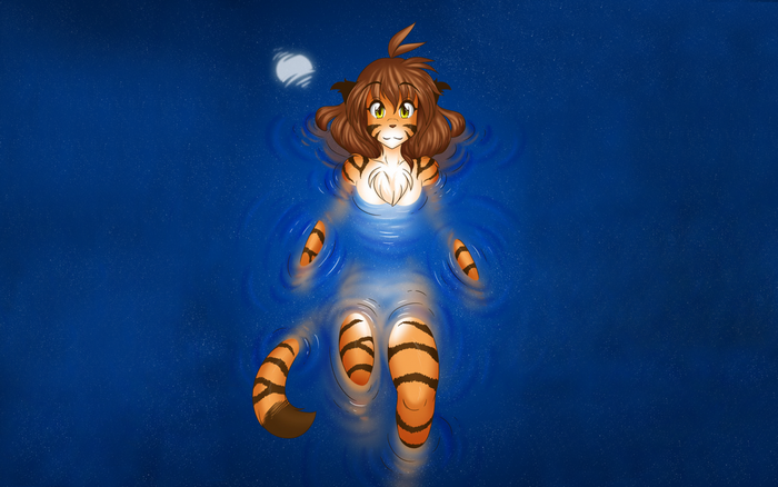 Tiger furry character swimming in blue water