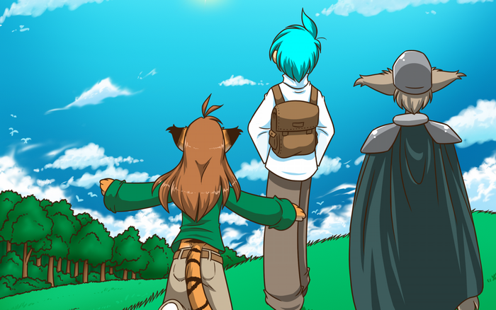 Three characters in a grassy field under a blue sky