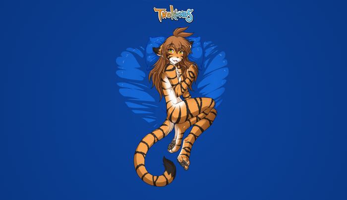 Furry tiger character from Twokinds lying on blue pillows