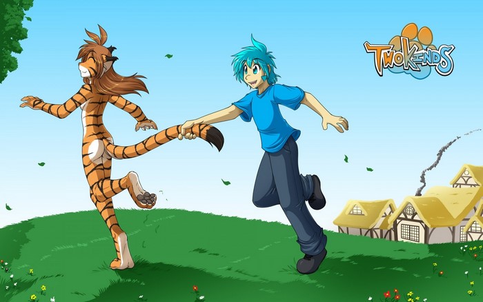 Twokinds characters running in a grassy field
